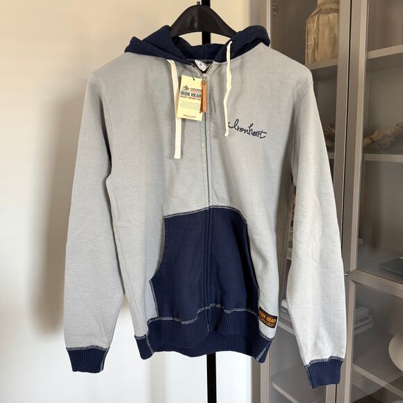 Iron Heart Ultra Heavyweight Loopwheel Grey Navy Zip-Up Hoodie L NEW 14oz Jacket - Picture 2 of 8